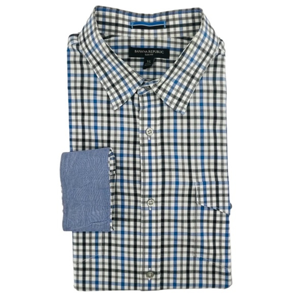 Banana Republic Slim Fit Mens Button Down Shirt Frip Cuff XL Blue and Gray 10407